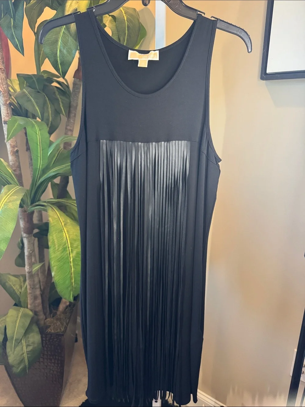 Black faux leather Fringe Tank Dress - Sleeveless Scoop Neck. Size M